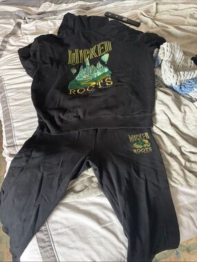 Roots Black men’s track suit Set with Green and Yellow 'Wicked' Graphic